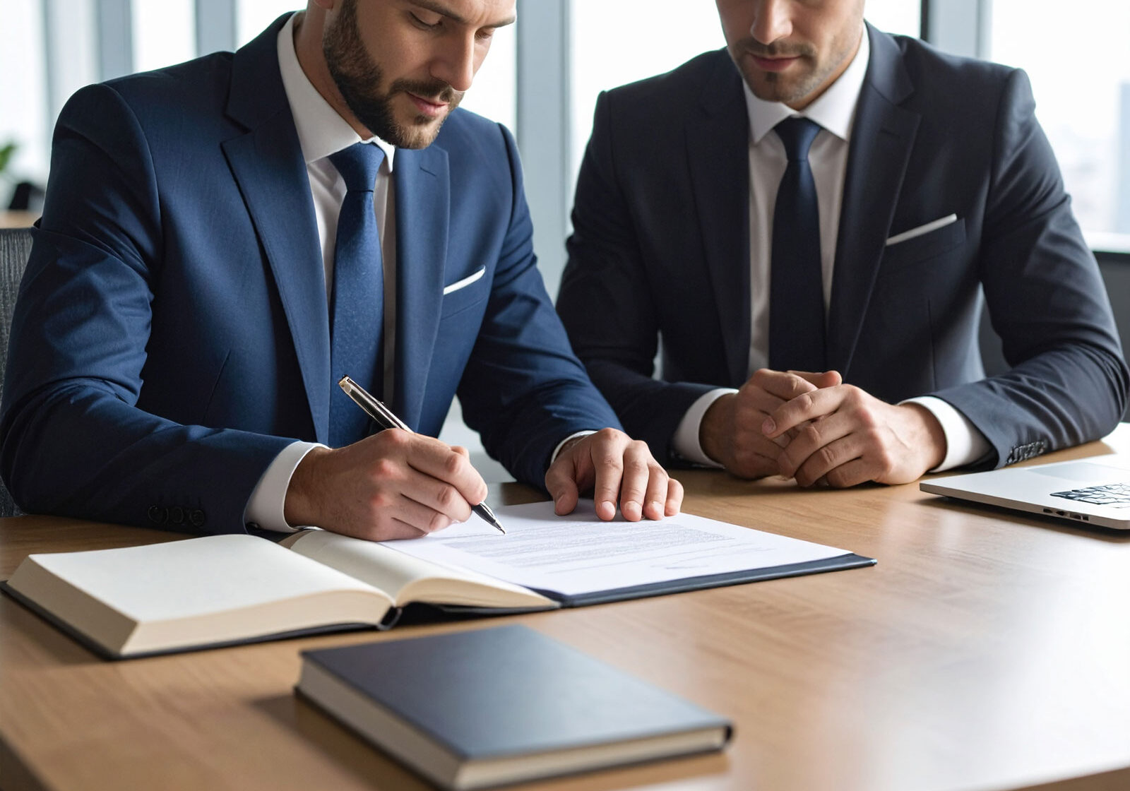 business-man-seating-on-a-desk,-one-of-them-signing-a-contract,-with-a-book