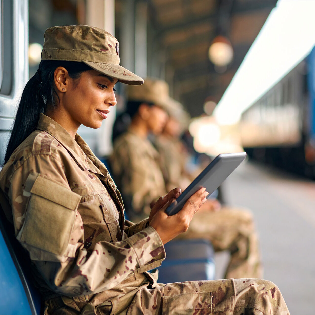 military-woman-reading-a-tablet-sitting-down